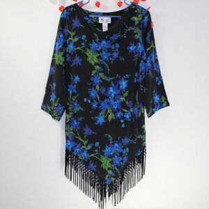 Vintage blue and black floral fringe mini dress women’s medium maggie sweet